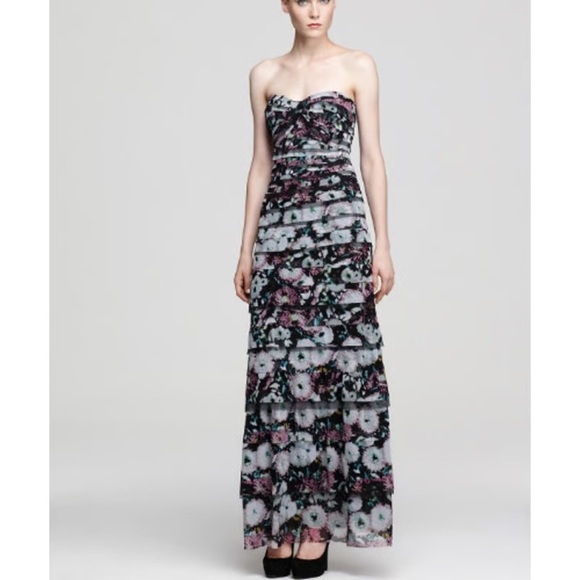 BCBGMaxAzria Black and Purple Patterned Layered Strapless Maxi Gown - 0 - Picture 1 of 5